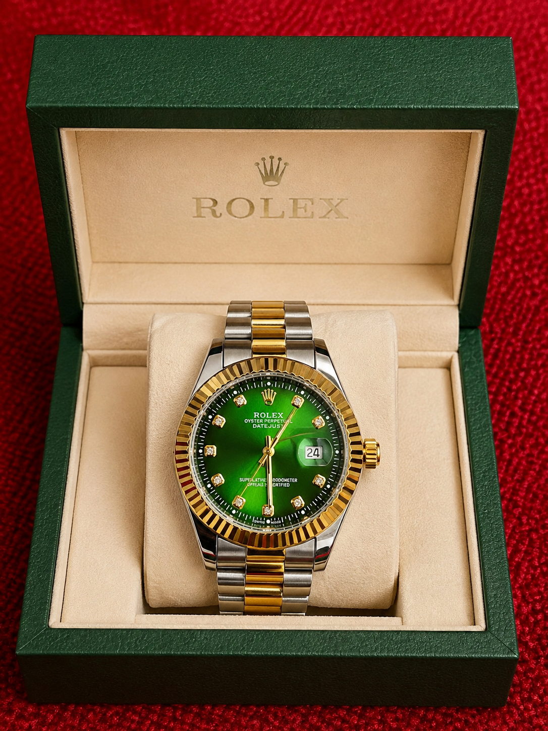 ROLEX TWO TONE GREEN DIAL OYESTER PERPETUAL DATEJUST