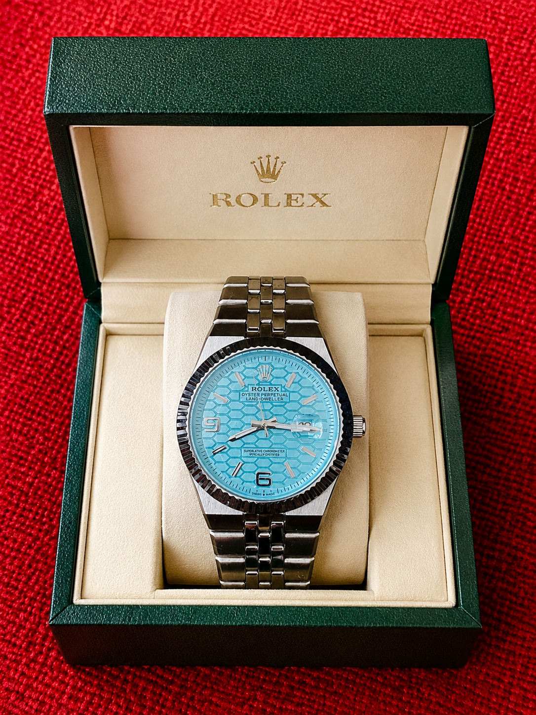 ROLEX SILVER TONE BLUE DIAL LAND-DWELLER